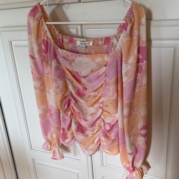 New York & Company Tops - New York & Company Floral Ruched Blouse - Pink and Orange